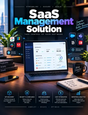 saas management solution dashboard showing cloud software, licenses, security, and business applications