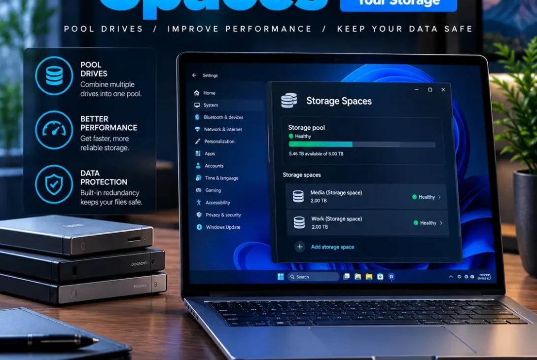Windows Storage Spaces guide showing multiple drives combined into a storage pool