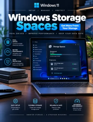 Windows Storage Spaces guide showing multiple drives combined into a storage pool