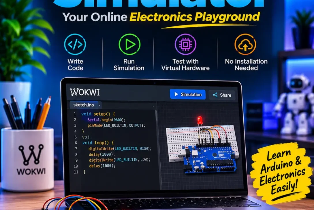 Wokwi simulator showing an Arduino and ESP32 virtual electronics project
