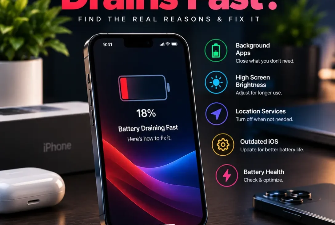 iPhone battery drains fast troubleshooting guide showing battery settings and power-saving tips