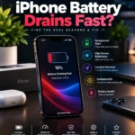 iPhone battery drains fast troubleshooting guide showing battery settings and power-saving tips