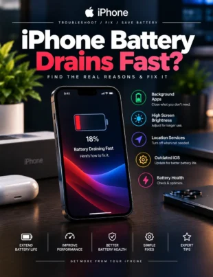 iPhone battery drains fast troubleshooting guide showing battery settings and power-saving tips